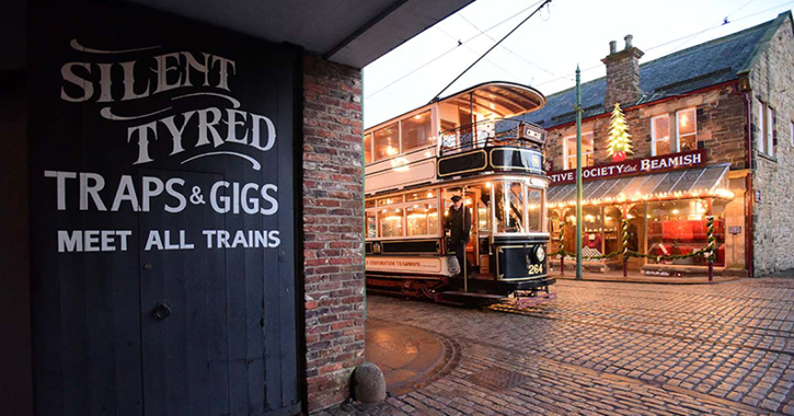View of the 1900s Town at Beamish Museum during Christmas with a tram